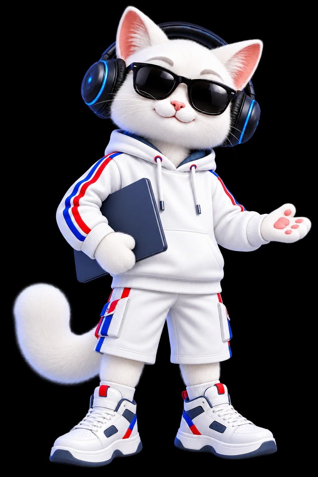 Maskot kucing putih Aldera Tech membawa laptop dan membuka satu tangan untuk menyambut pengunjung, dengan kacamata hitam, headphone, serta hoodie putih bergaris merah-biru