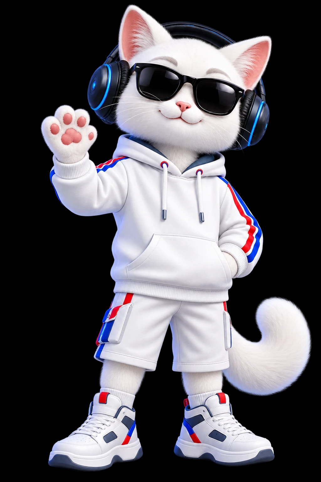 Maskot kucing putih Aldera Tech berkacamata hitam, memakai headphone, hoodie putih, celana pendek, dan sneakers