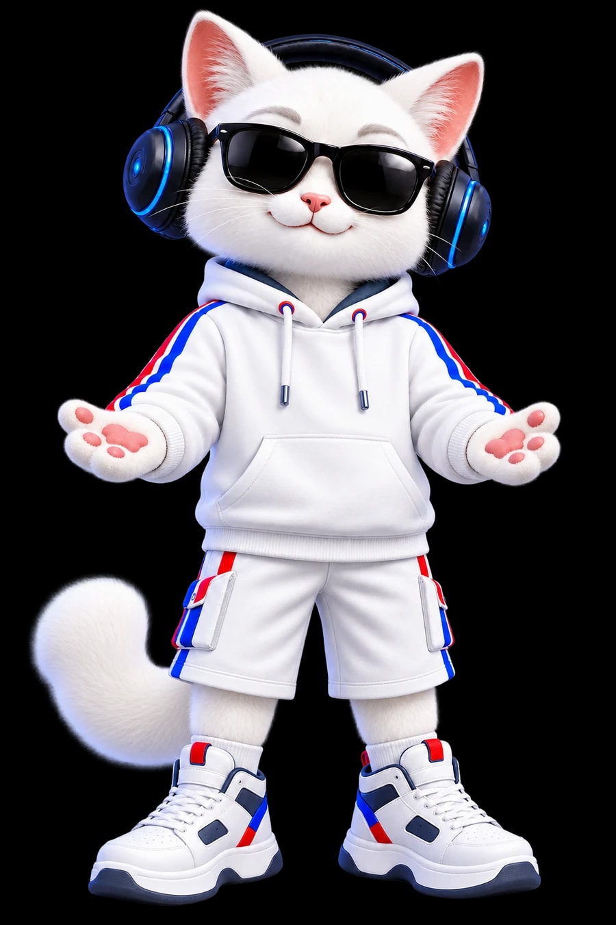 Maskot kucing putih Aldera Tech berkacamata hitam dan berheadphone, berdiri di tengah sambil membuka kedua tangan untuk menyambut pengunjung