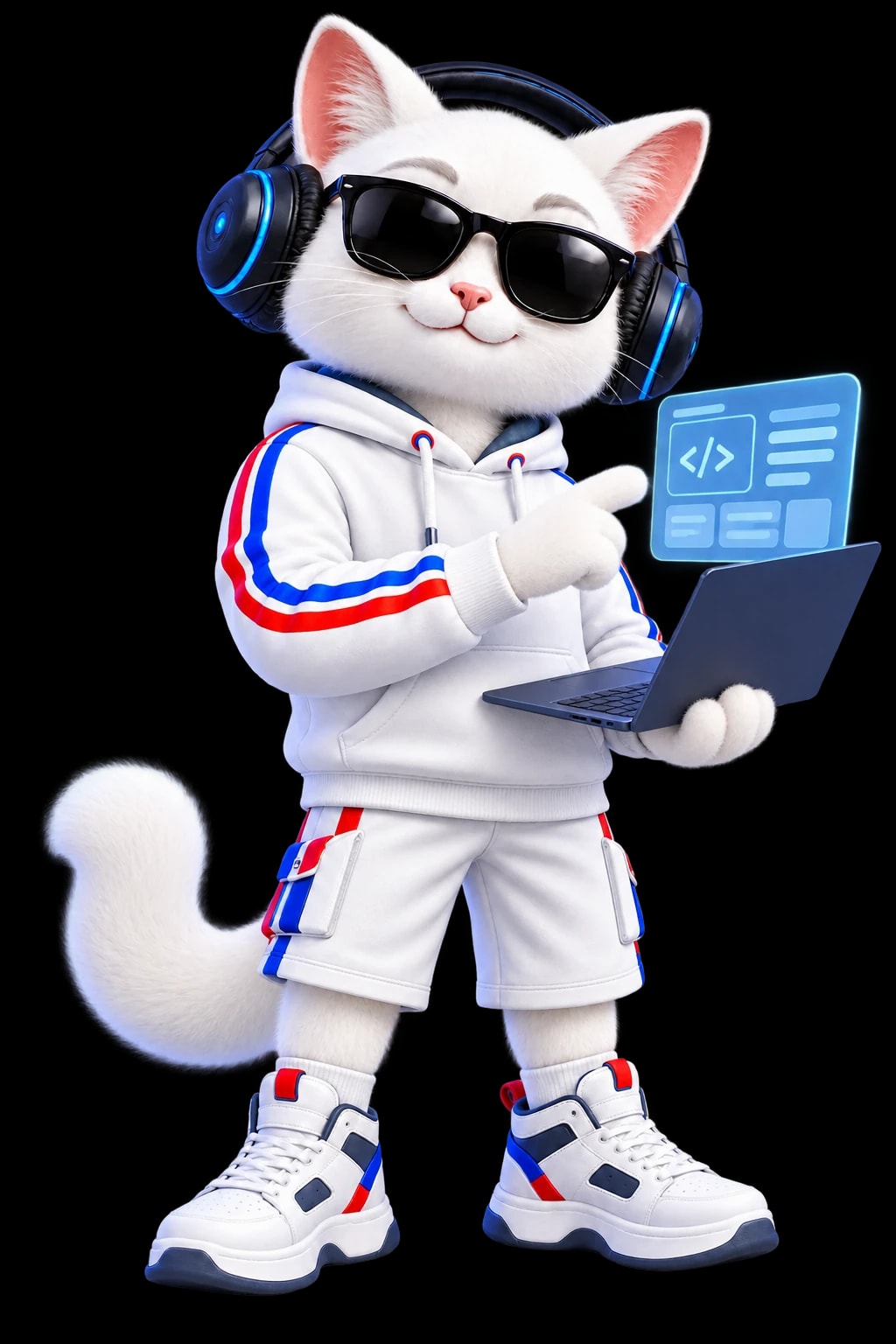 Maskot kucing putih Aldera Tech membawa laptop terbuka sambil menjelaskan rancangan solusi digital, dengan kacamata hitam, headphone biru, dan hoodie putih bergaris merah-biru