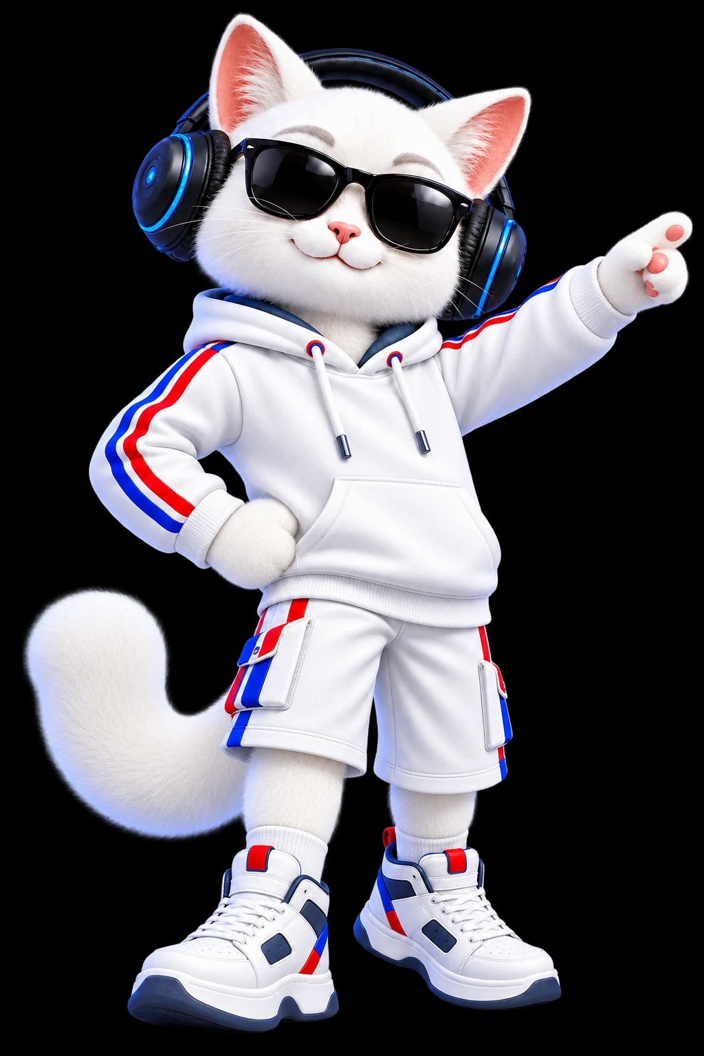 Maskot kucing putih Aldera Tech berkacamata dan headphone, melangkah percaya diri sambil menunjuk ke arah depan dengan tangan lainnya di pinggang